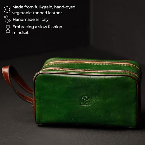 Time Resistance Leather Cosmetic Bag - Italian Toiletry Dopp Kit (Green) - color: Green