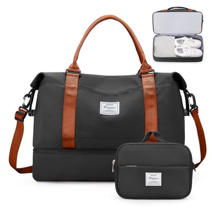 Weekender Bags for Women, Personal Item Travel Bag with Shoes Compartment | Overnight Travel Duffel Bag with Toiletry Bag, Airplane Friendly Carry-On Bag - color: Black & Brown, size: Large