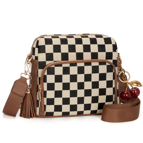 Checkered Crossbody Purses for Women Plaid Medium Cross Body Wallet Trendy Over the Shoulder Handbags - color: F01-brown With Cherry
