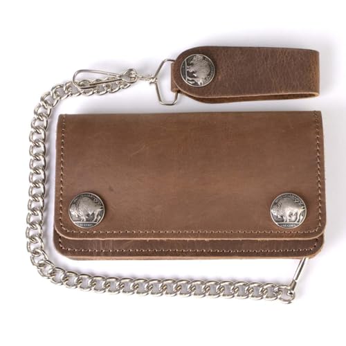 Milwaukee Leather MLW7865 Men's 7" Black Soft Premium Cowhide Leather Tri Fold Wallet w/Anti-Theft Stainless Steel Chain - color: Brown Buffalo Coin, size: 6 Inch