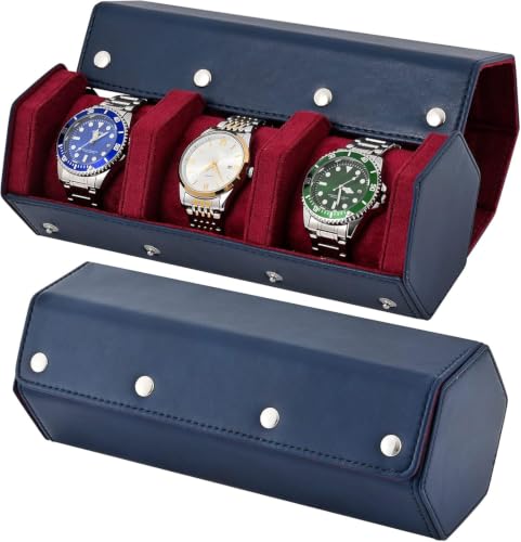 Watch Roll Travel Case for Men and Women,Travel Watch Case Holds 3 Watches | Luxury Leather｜Designed for steel watch bands &leather metal rubber and bracelets Storage & Display - color: Dark Blue/Red-3
