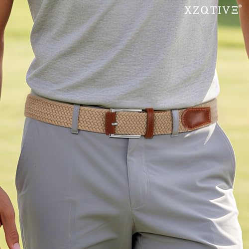 XZQTIVE Braided Stretch Belt Mens Gift Elastic Woven Belt for Golf Casual Pants Shirts Jeans - color: Khaki With Brown Leather, size: Fit Waist 28-33in