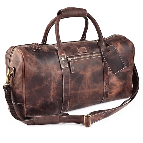 LEATHER VILLAGE Leather Duffle Bag for Men Women, 24 Inch 35L Rustic Brown | Water Resistant Full Grain Leather Duffel Bag, Stylish Travel Weekender Carry-On Sports Gym Overnight Luggage, Toiletry - color: Mulburry, size: 24"x11"x8"