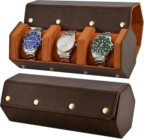 ROSELLE Watch Roll Travel Case for Men and Women,Watch Case Holds 3 Watches | Luxury Leather｜Designed for steel watch bands &leather metal rubber and bracelets Storage & Display - color: Dark Brown/Brown-3