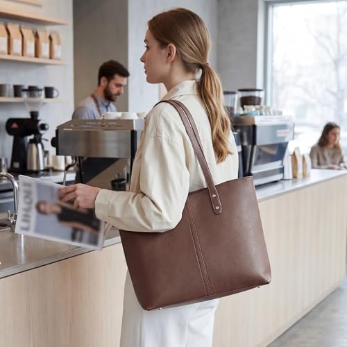 S-ZONE Tote Bag for Women Work Purses Handbags Luggage Strap Large Travel | Padded Laptop Compartment, Multi Pockets, Vegan Leather, Bottom Metal Rivet, Commuting Office Teacher - color: Coffee