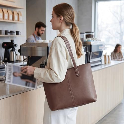 S-ZONE Tote Bag for Women Work Purses Handbags Luggage Strap Large Travel | Padded Laptop Compartment, Multi Pockets, Vegan Leather, Bottom Metal Rivet, Commuting Office Teacher - color: Coffee