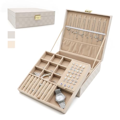 Jewelry Organizer Box, Jewelry Box Organizers for Women Girls, Jewellery Display Holder, 2 Layers Large Leather Jewels Storage Case for Earring, Rings, Necklaces, Bracelets, Watch, Ideal Gift (Beige) - color: Beige
