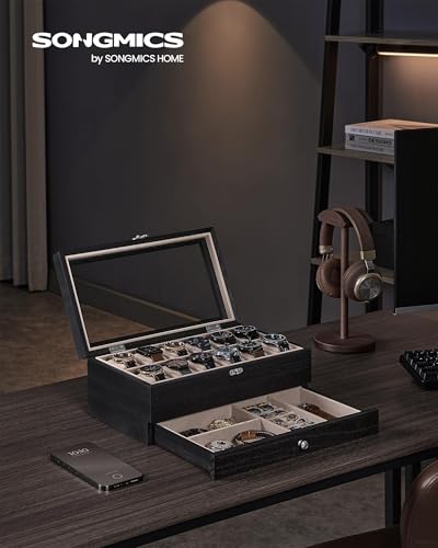 SONGMICS 12-Slot Watch Box, 2-Tier Watch Display Case with Large Glass Lid, Removable Pillows, Velvet Lining, Jewelry Box, Gift Idea, Ebony Black UJOW012B01 - color: Ebony Black, size: 2 Layer 12 Slot