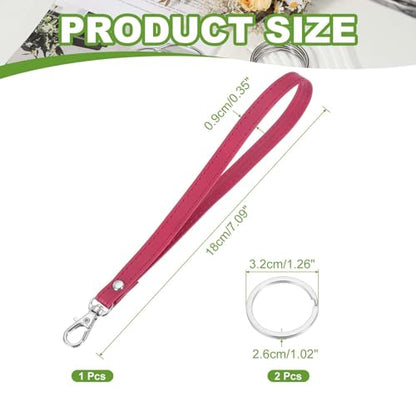 Wristlet Strap PU Leather Keychain Wristlet Lanyard Hand Strap Replacement with Rings Fit for Wallet Purse - color: Rose Red/Silver