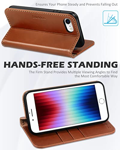 SHIELDON Genuine Leather Case Wallet for iPhone SE 2022/2020, Retro Brown | Magnetic Closure, RFID Blocking, Credit Card Slot, Kickstand, Flip Book Design, Shockproof Phone Cover - color: Brown - Retro