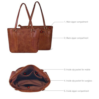 Genuine Leather Purse For Women - Tote Shoulder Handbag - Work & Casual Bag - color: Tan Medium Weaving