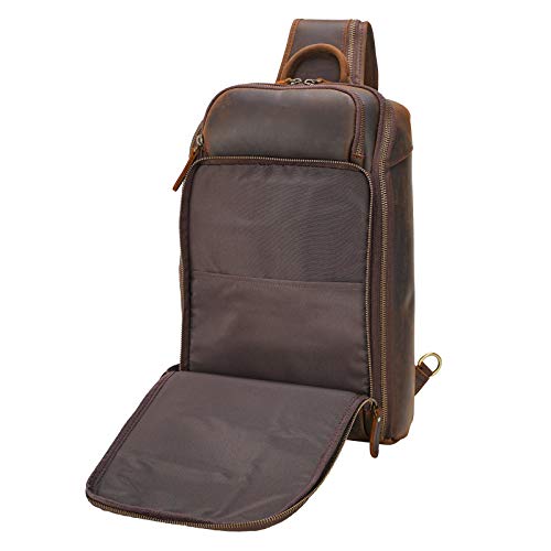 Polare Modern Style Sling Shoulder Bag Men’s Travel/Hiking Daypack with Full Grain Italian Leather and YKK Zippers - color: Small-dark Brown