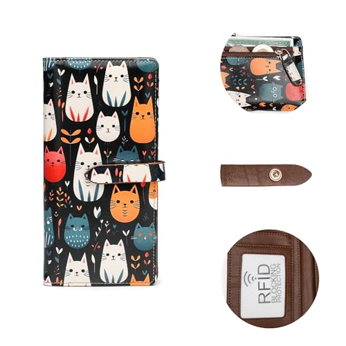 Slim Wallets for Women Credit Card Holder RFID Bifold Clutch Long Ladies Billfold Wallets with Zipper Coin Pocket ID Window Pile Cat - color: Pile Cat
