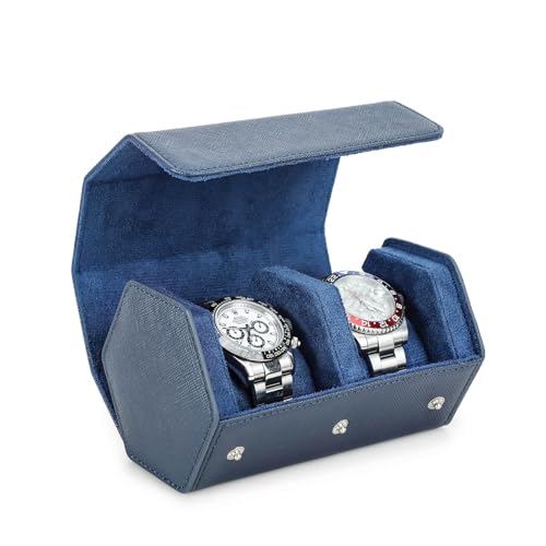 Hiram Genuine Leather Saffiano Watch Roll Travel Case, Leather 2-Watches Roll Case for Treasured Watches and Bracelets(Blue) - color: Blue, size: 2-slots
