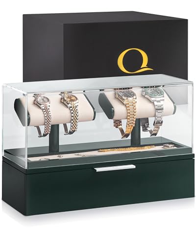 QWATCH Watch Stand Display Case - Acrylic Watch Box for 2 or 4 Watches with Jewelry Valet Tray and Drawer - color: Double - Green / Ivory