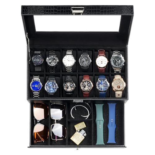 ProCase Watch Box, 12 Slot Watch Case for Men with Drawer, LizardBlack | 2-Layer Watches Display Case with Glass Lid, Mens Jewelry Box Storage Holder Organizer, Anniversary Christmas Birthday Gift - color: LizardBlack, size: 12-Slot