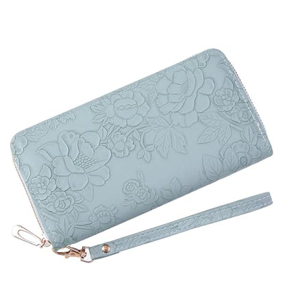 Womens Wallet RFID Wristlet Wallet for Women Cute Floral Leather Credit Card Holder Wallet Ladies Clutch Long Purses - color: A03-light blue