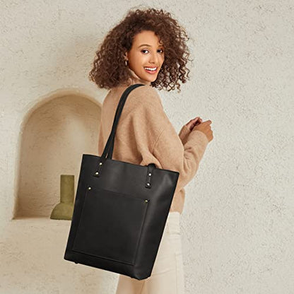 S-ZONE Leather Tote Bag for Women Work Handbag with Luggage Sleeve - color: Black