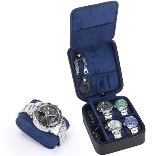 Travel Watch Case for Men 4 Slots PU Leather Mens Father Jewelry Box with Compartments Zippered Portable Watches Cufflinks Accessories Storage Case Gift(Black - Blue) - color: Black - Blue