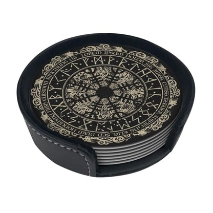 Black Viking Magical Leather Drinks Coasters with Holder, Set of 6, Suitable for Various Cups - color: Black Viking Magical