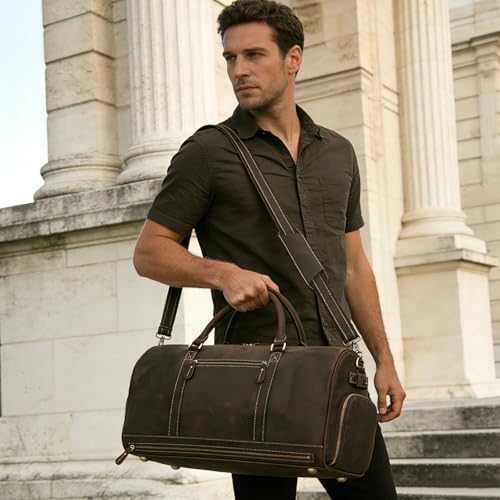 Full Grain Leather Duffel Bags for Men and Women Travel Overnight Weekend Leather Bags Sports Gym Duffel - color: 9801 Dark Brown