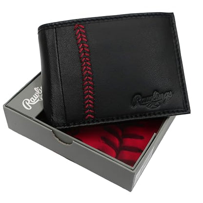 Rawlings | Men's Bifold Wallet Collection | Genuine Leather | Multiple Styles & Colors - color: Black | Baseball Stitch