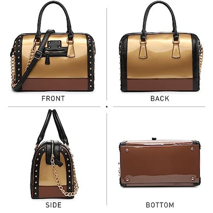 Dasein Women's Barrel Bag Shiny Patent Faux Leather Handbag with Rivet Decoration Top Handle Satchel Shoulder Purse - color: Larger Gold