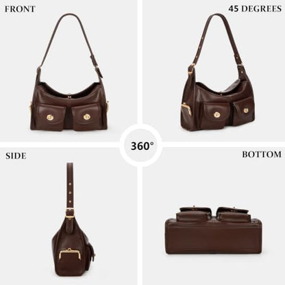 Turn Lock Shoulder Bag for Women Multi-Pocket Shoulder Hobo Handbags Large Kiss Lock Tote Crossbody Bags for Work - color: Brown