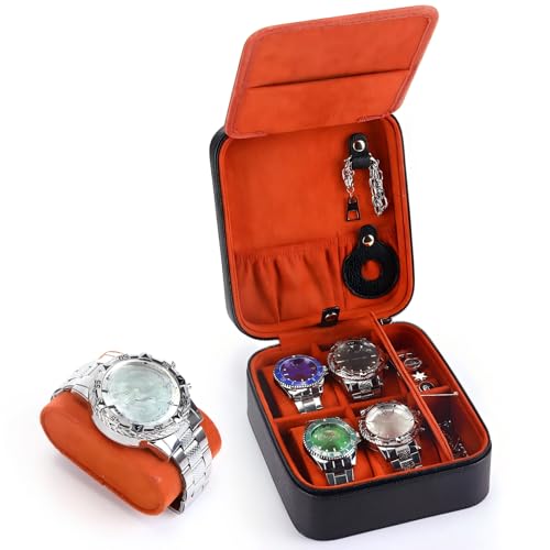 Travel Watch Case for Men 4 Slots PU Leather Mens Father Jewelry Box with Compartments Zippered Portable Watches Cufflinks Accessories Storage Case Gift(Black - Brown) - color: Black - Brown