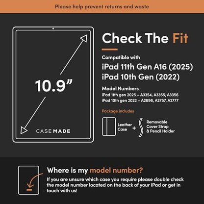 Casemade Real Leather Case Compatible with iPad 11th Gen A16 2025 / 10th Gen (2022) - Full-Grain Leather Cover, Auto Sleep/Wake, Dual Stand Position (Black) - color: Black, size: iPad 11th/10th Gen