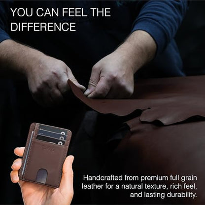 Full Grain Leather Slim Wallet for Men and Women - Small Minimalist Wallet and Leather Card Holder - Thin Front Pocket Credit Card Holder - Dark Brown - color: Dark Brown