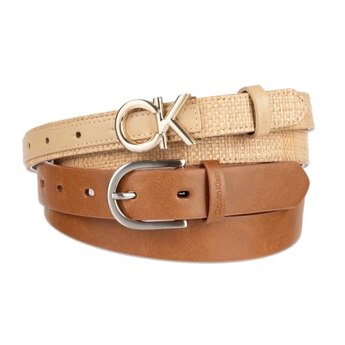 Calvin Klein Women's 2-pack Slim Width Fashion Belt Set for Jeans, Dresses & Casual Wear - color: Cognac + Natural, size: X-Large