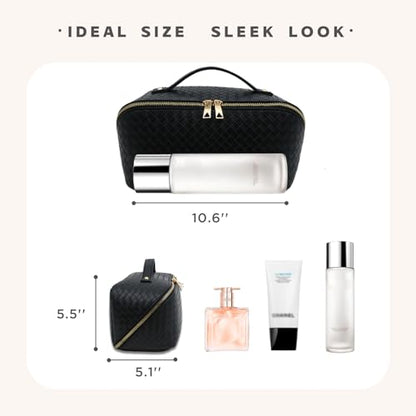 Travel Makeup Bag – Large Cosmetic Organizer with Waterproof PU Leather, Smooth Double Zipper & Tear-Resistant Lining, Toiletry Pouch for Women (Black) - color: 03-Black