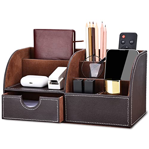 KINGFOM Pu Leather Desk Organizer Pen Pencil Holder Office Supplies Caddy Storage Box 6 Compartments with Drawer Brown - color: Brown