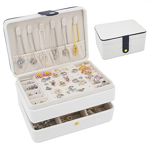 KOOAAICCHI Small Travel Jewelry Organizer Portable Jewelry Holder-White | Compact 2‑layer storage case, practical gift for women. Neatly stores rings, earrings, necklaces for home storageuse - color: JS-White