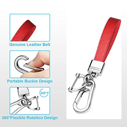 QBUC Genuine Leather Car Keychain Universal Metal Key Chain (Red) | Car Fob Key Keychain Holder with 360 Degree Rotatable Snap Swivel and Anti-Lost D-Ring for Men Women - color: Red