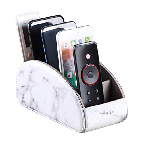 YAPISHI All-in-One Leather White TV Remote Holder with 5 Compartments | Nightstand Desktop Media Player Remote Caddy Storage Box Organizer Tray for Mobile Phone Office Stationery - color: Marble White, size: Large