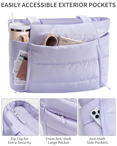 Bagstellar Puffer Tote Bag for Women, Lightweight Puffy Travel Gym Work Bag | 16 Pocket Teacher Nurse Quilted Shoulder Handbag Large Cloud Carry On 15.6" Laptop Computer Purse for School Nursing Clinical - color: Purple