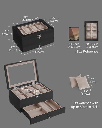 SONGMICS 8-Slot Watch Box, 2-Tier Watch Display Case with Large Glass Lid, Removable Pillows, Velvet Lining, Jewelry Box, Gift Idea, Ebony Black UJOW008B01 - color: Ebony Black, size: 2 Layer 8 Slot