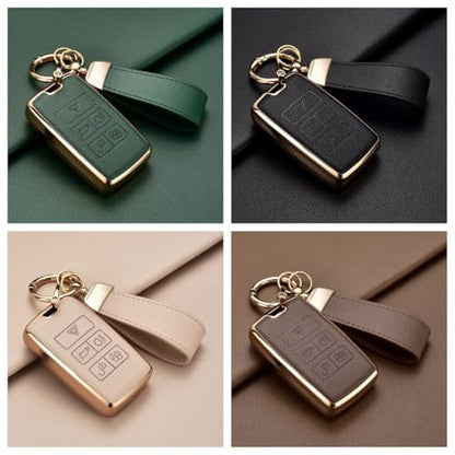 Key Fob Cover for Range Rover Jaguar Evoque Defender Discovery | Leather + Soft TPU Key Case Shell for Land Rover Jaguar XE XJ XF Sport Velar Evoque With Keychain (Pink) - color: CREAM