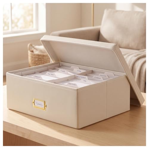 INMAKER PU Leather Photo Storage Box, Decorative 4x6 Photo Storage Box | Hold up to 1700 4x6 Pictures, Cards, Reinforced PP base, Photo Container with Dividers, Menory Box for Family, Wedding, Baby - color: Ivory White