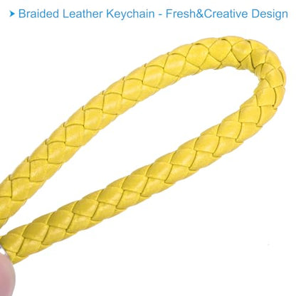 PATIKIL Braided Leather Keychain with Key Ring PU Woven Wristlet Lanyard Strap Fob Keyring Holder for Car Bag Wallet Pendant - color: Yellow