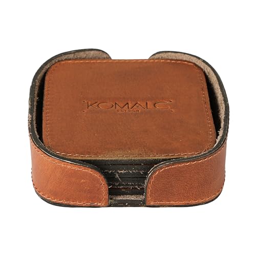 KomalC Premium Buffalo Leather Coasters Set of 6 with Holder – 3.5 Inch Round Drink Coasters – Heat Resistant, Non-Slip, Water Resistant Table Protection for Home, Office & Bar - color: Hardwax Tan