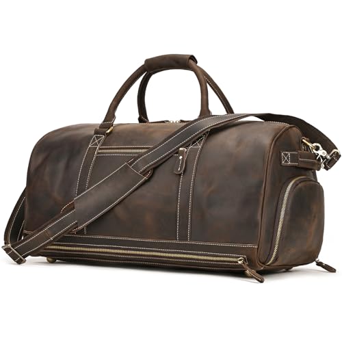 Full Grain Leather Duffel Bags for Men and Women Travel Overnight Weekend Leather Bags Sports Gym Duffel - color: 9801 Dark Brown