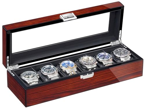 BEWISHOME Watch Case, 6 Slot Wooden Watch Box for Men with Large Glass Lid | Men's Watch Box, Watch Storage Organizer, Watch Display Case, Watch Holder Removable Watch Pillows, Brown SSH06Y