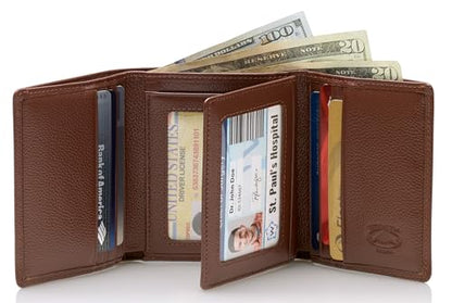 Stealth Mode Leather Trifold RFID Wallet For Men With Flip Out ID Holder | Top grain Napa leather, 3 ID windows, 10 card slots holding 15+ cards — a great gift for dads, husbands, and sons - color: Brown Pebble