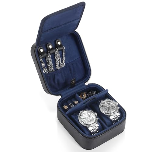 2 Slot Travel Watch Case Men PU Leather Jewelry Box Portable Watch Storage and Jewelry Organizer Gift for Fathers Husband Boyfriend(Black Blue) - color: Black Blue