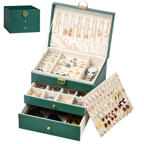 Jewelry Box, 3 Layers Leather Jewelry Storage Display Box for Women, Gift Case, 2 Drawers, Large Capacity for Necklace Earrings Bracelets Rings,Green - color: Green