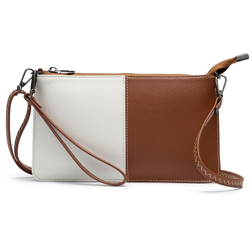 Bveyzi Genuine Leather Wristlet Purses for Women, Envelope Clutch Wallet Small Crossbody Bags for Dressy Evening - color: White&brown