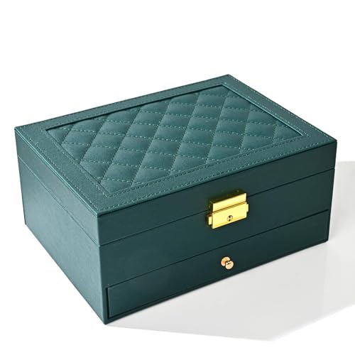 GUOER Jewelry Box for Women Girl Wife - Large PU Leather Jewelry Organizer Storage Case with Two Layers Display for Earrings Bracelets Rings Watches (Green) | Vintage Quilting Stitching PU Leather, Earrings Bracelets Rings Necklace Watches Storage Large J